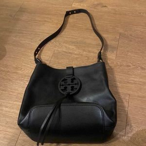TORY BURCH black leather bucket bag with black leather detailing